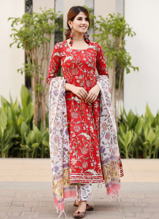 Pant Style Suit Cotton Red Digital Print Salwar Kameez