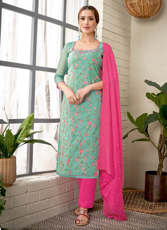 Pant Style Suit Chanderi Green Embroidered Salwar Kameez