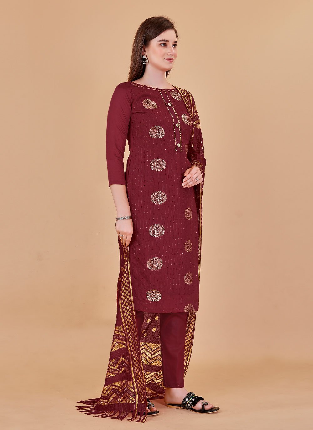 Pant Style Suit Banarasi Silk Maroon Booti Salwar Kameez
