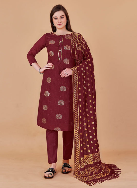 Pant Style Suit Banarasi Silk Maroon Booti Salwar Kameez