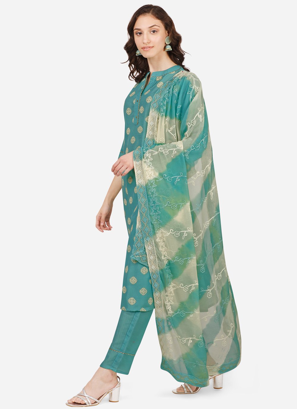 Pant Style Suit Chinon Silk Green Embroidered Salwar Kameez