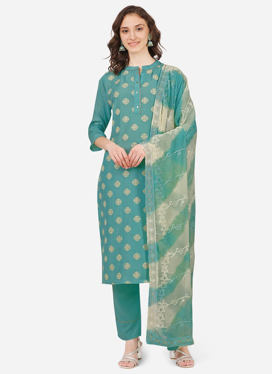 Pant Style Suit Chinon Silk Green Embroidered Salwar Kameez