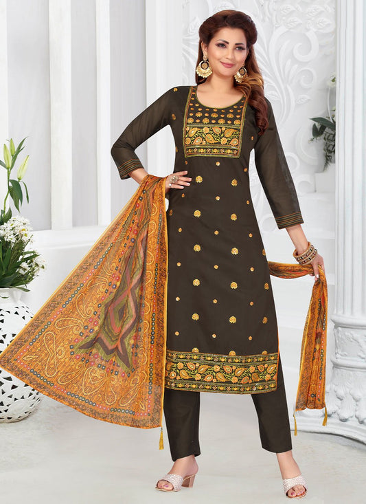 Pant Style Suit Chanderi Brown Embroidered Salwar Kameez