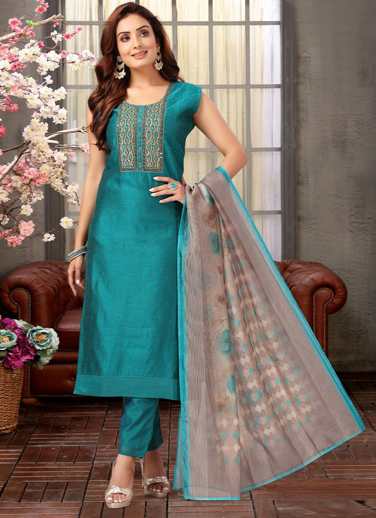 Pant Style Suit Silk Teal Embroidered Salwar Kameez