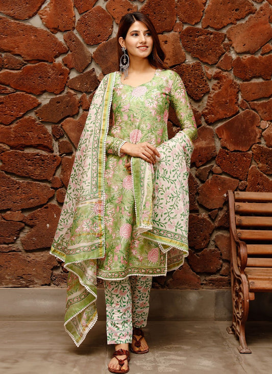 Pant Style Suit Cotton Green Lace Salwar Kameez