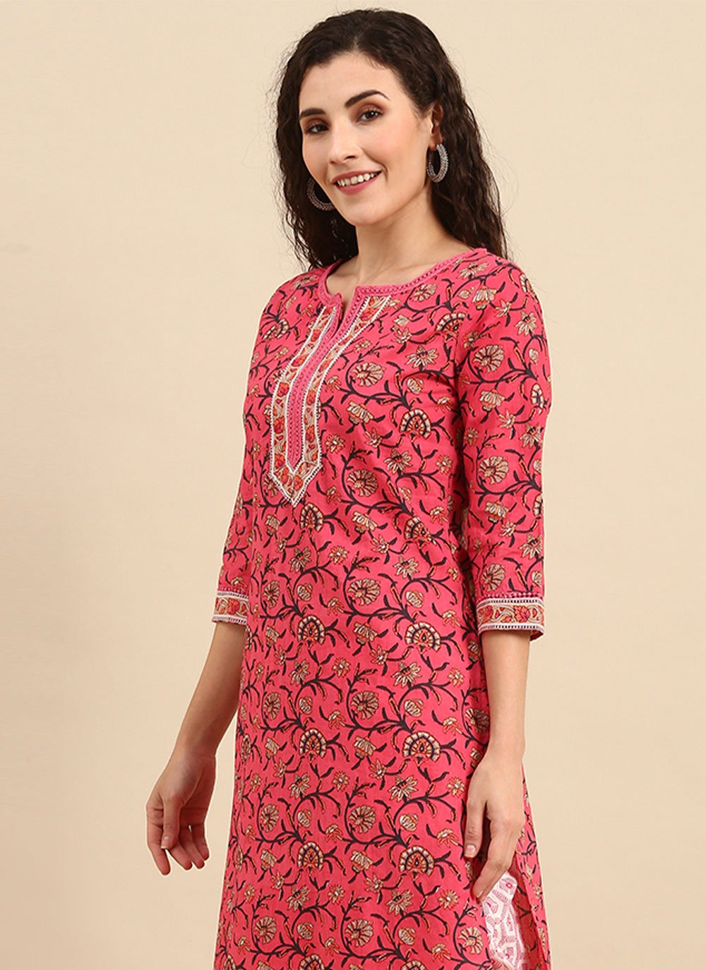 Pant Style Suit Cotton Pink Floral Patch Salwar Kameez