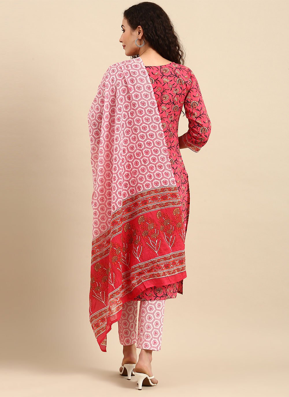 Pant Style Suit Cotton Pink Floral Patch Salwar Kameez