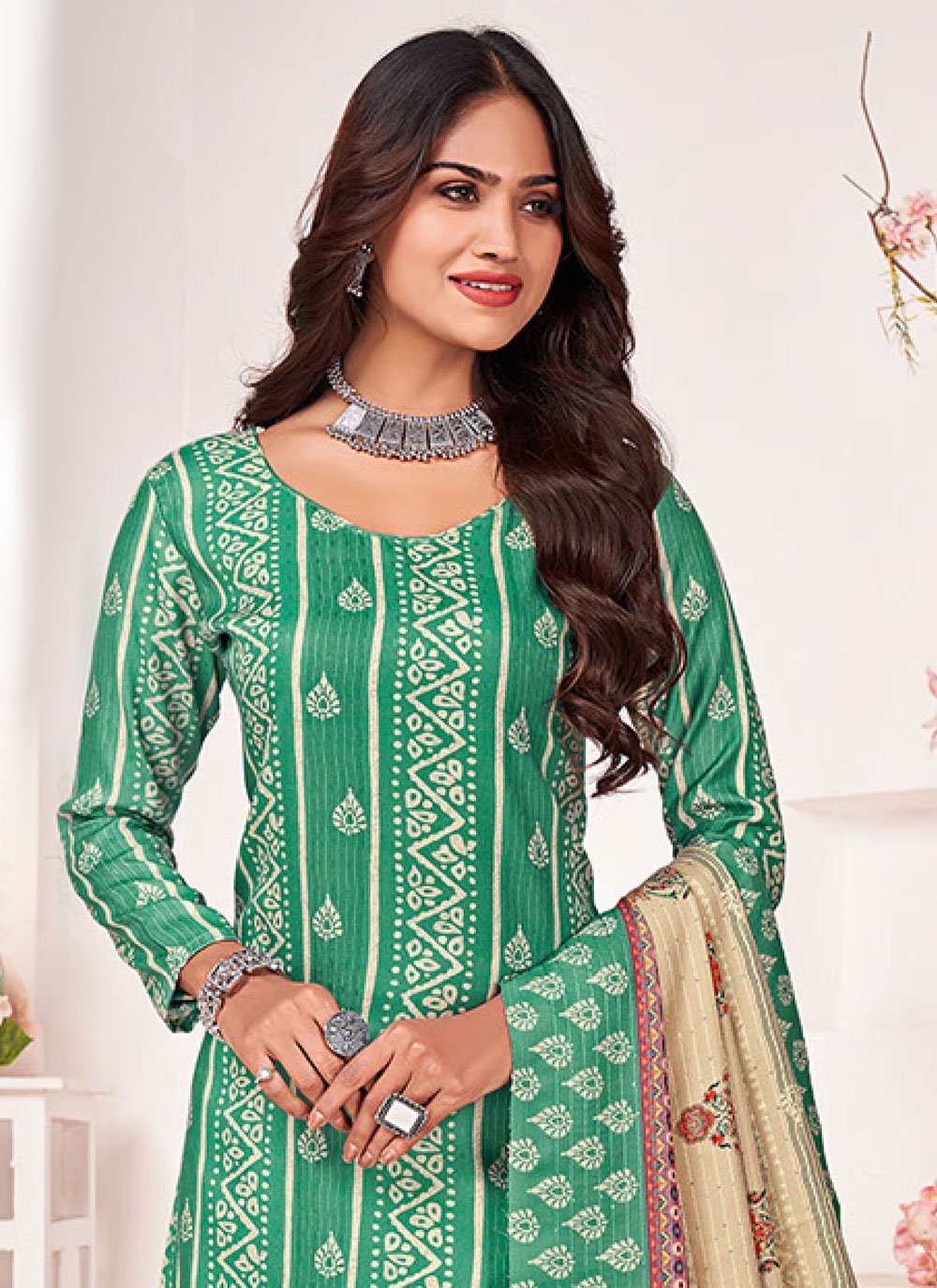 Pant Style Suit Pashmina Green Digital Print Salwar Kameez