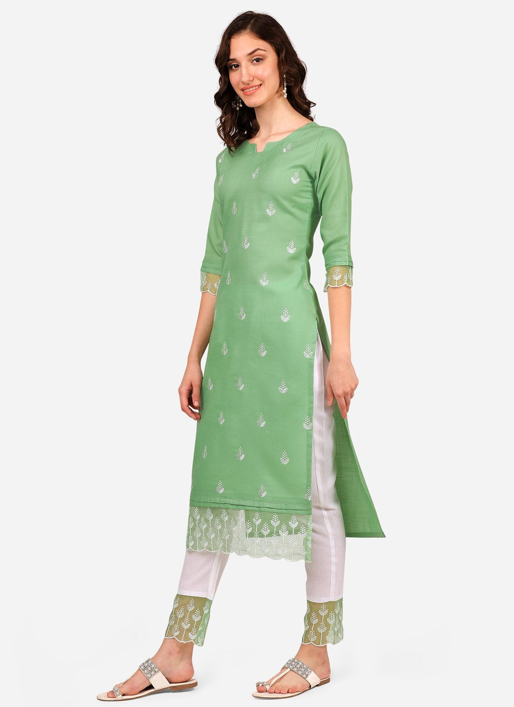 Pant Style Suit Blended Cotton Green Embroidered Salwar Kameez