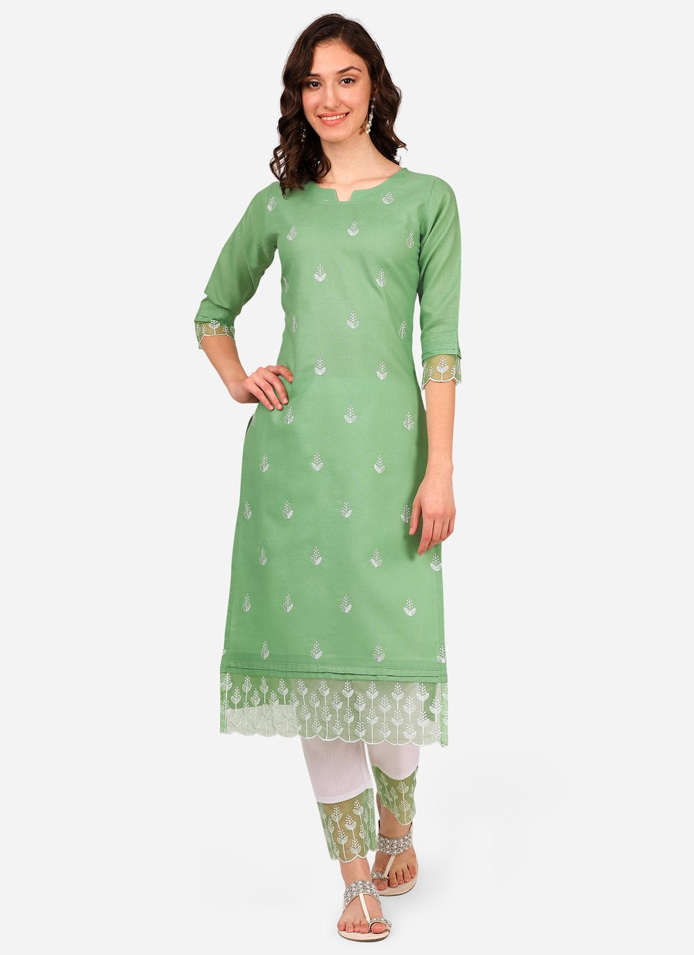 Pant Style Suit Blended Cotton Green Embroidered Salwar Kameez