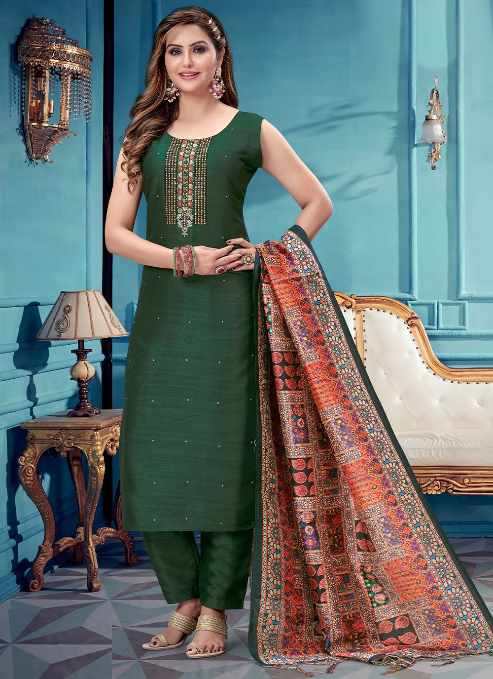 Pant Style Suit Silk Green Embroidered Salwar Kameez