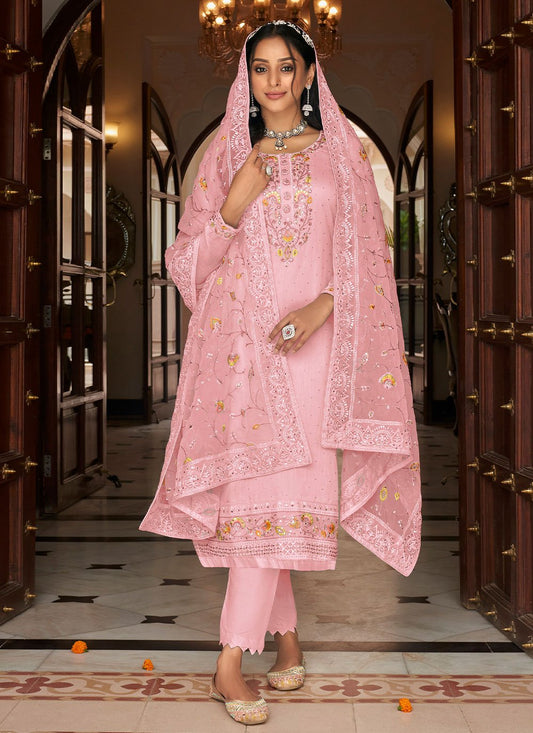 Pant Style Suit Faux Georgette Pink Embroidered Salwar Kameez