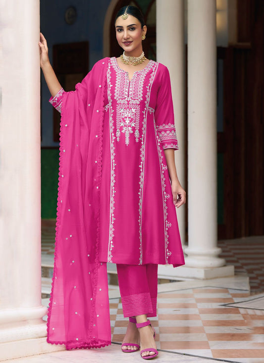 Pant Style Suit Silk Fuchsia Embroidered Salwar Kameez
