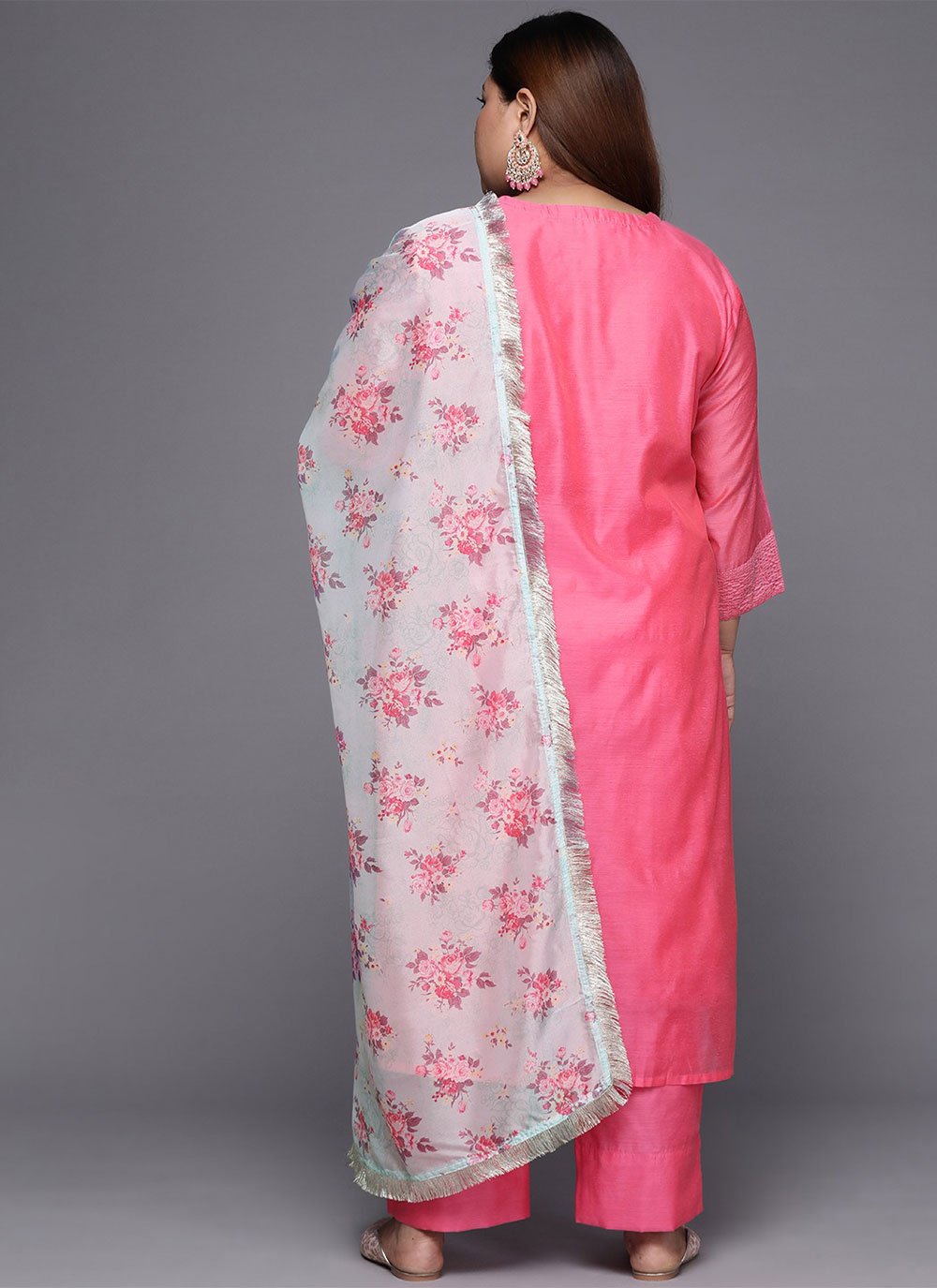 Party Wear Kurti Chanderi Silk Pink Embroidered Kurtis