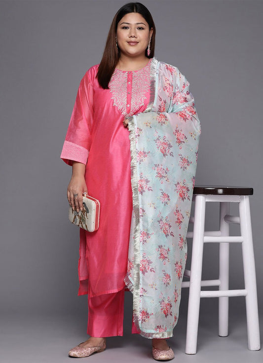 Party Wear Kurti Chanderi Silk Pink Embroidered Kurtis