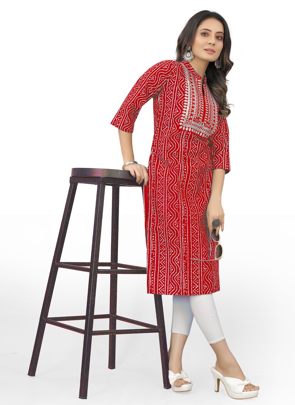 Party Wear Kurti Cotton Red Embroidered Kurtis