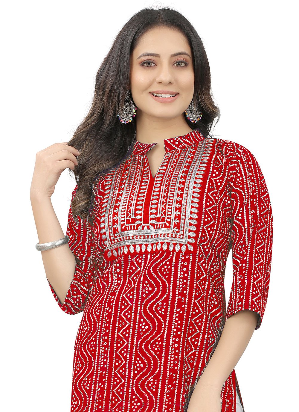 Party Wear Kurti Cotton Red Embroidered Kurtis