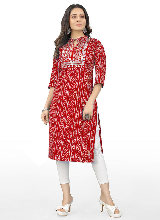 Party Wear Kurti Cotton Red Embroidered Kurtis