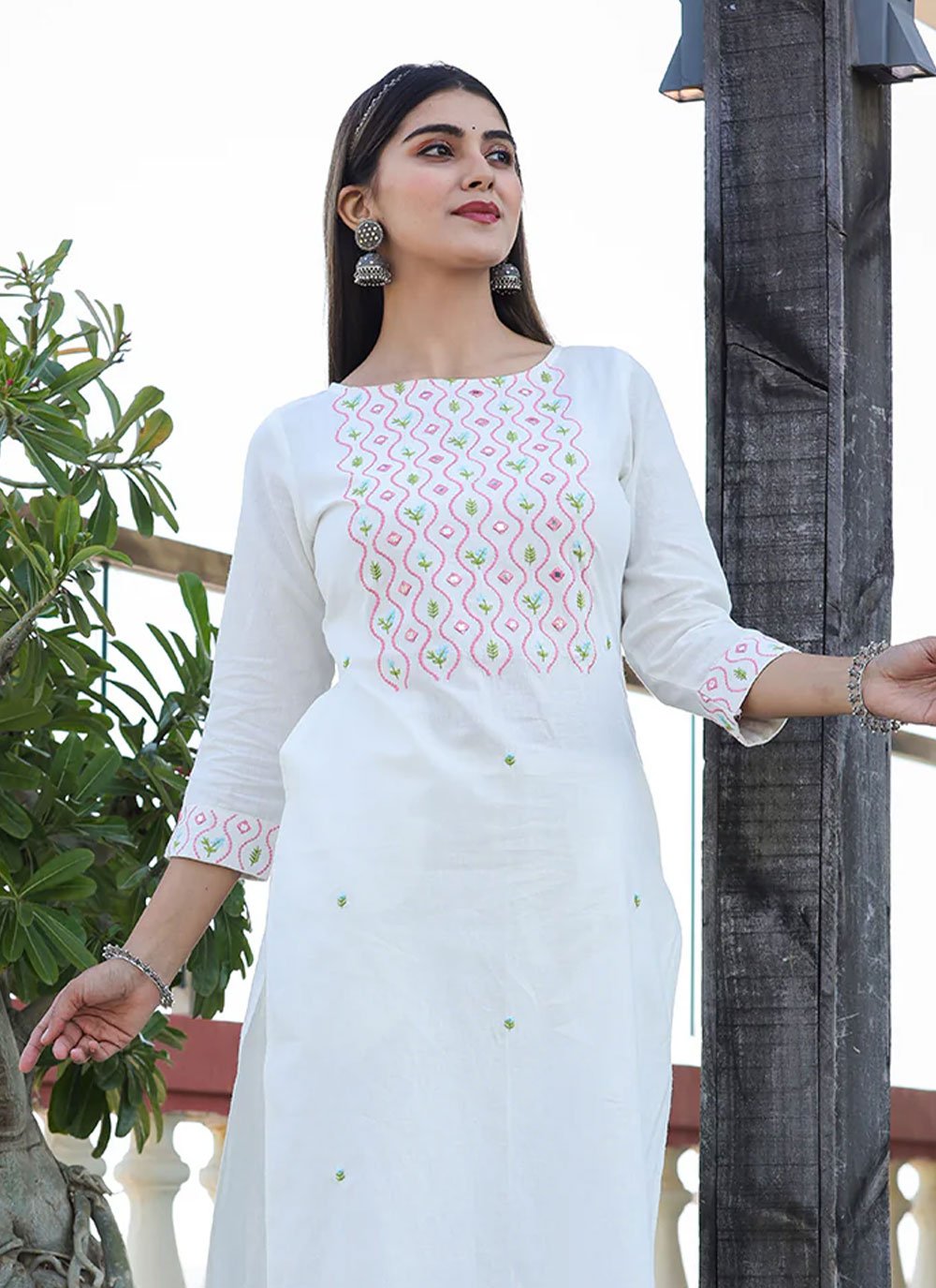 Party Wear Kurti Cotton White Embroidered Kurtis