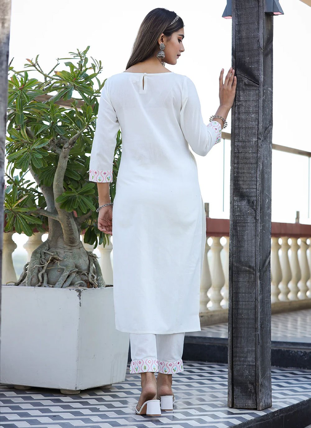 Party Wear Kurti Cotton White Embroidered Kurtis