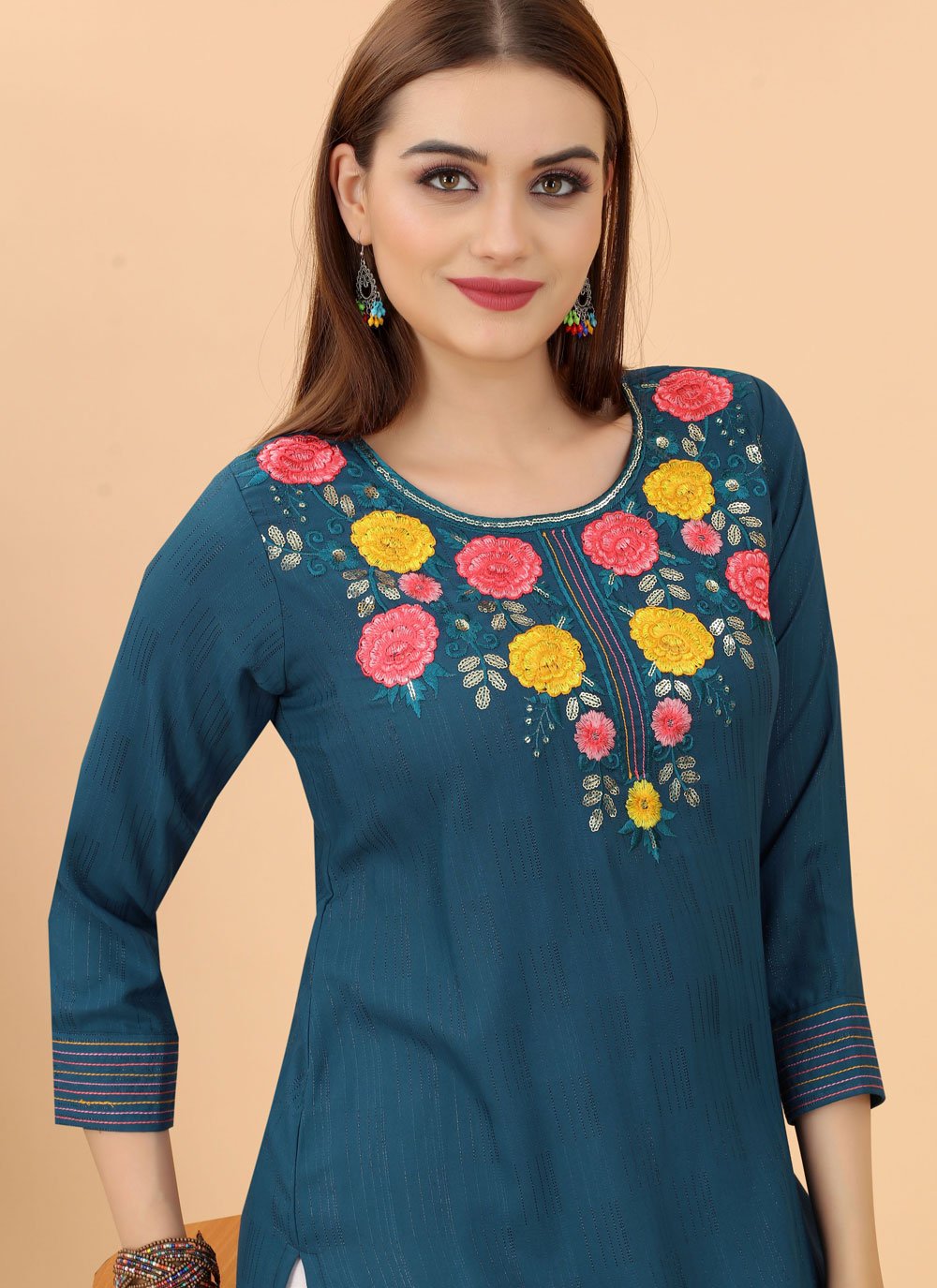 Party Wear Kurti Rayon Viscose Blue Embroidered Kurtis