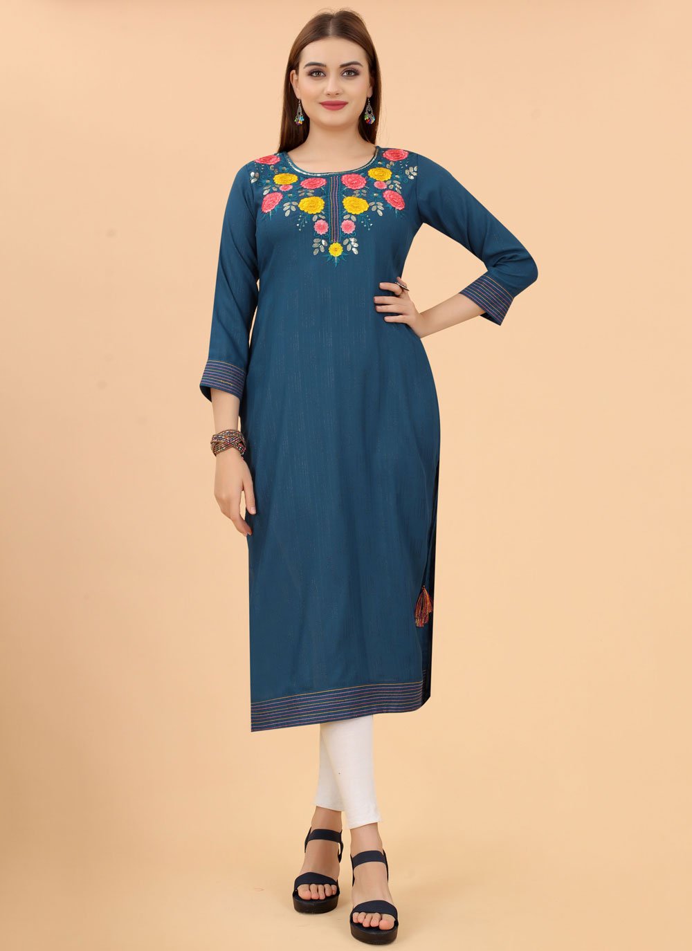 Party Wear Kurti Rayon Viscose Blue Embroidered Kurtis