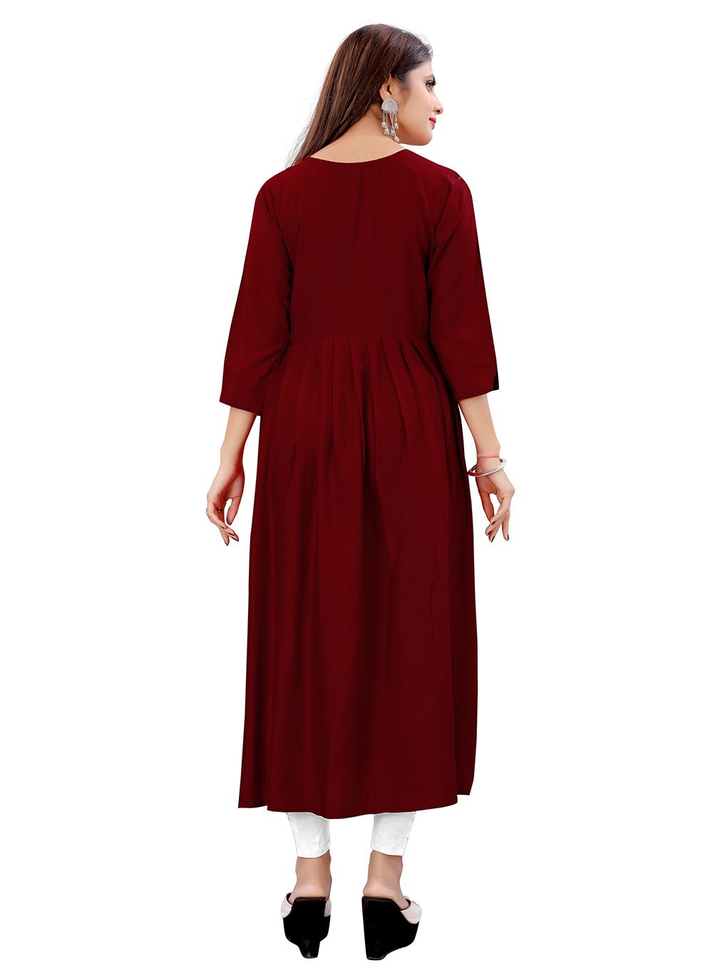 Party Wear Kurti Rayon Maroon Embroidered Kurtis