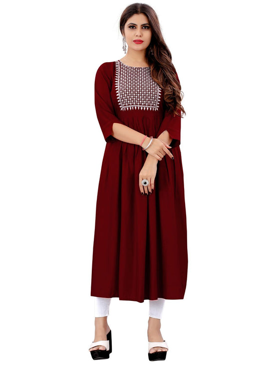 Party Wear Kurti Rayon Maroon Embroidered Kurtis