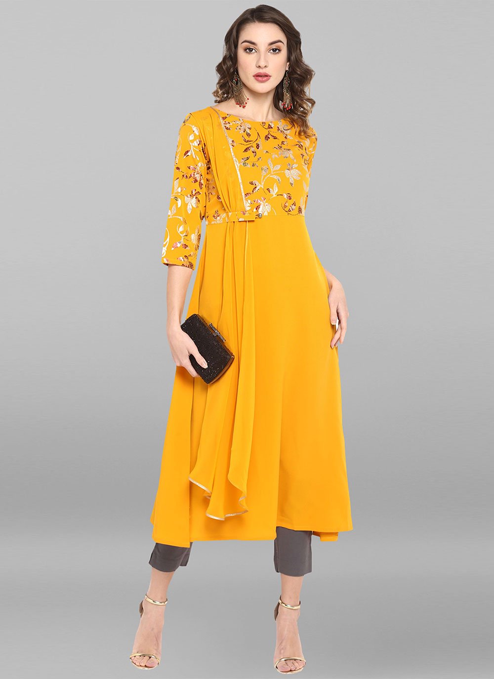 Party Wear Kurti Faux Crepe Mustard Foil Print Kurtis