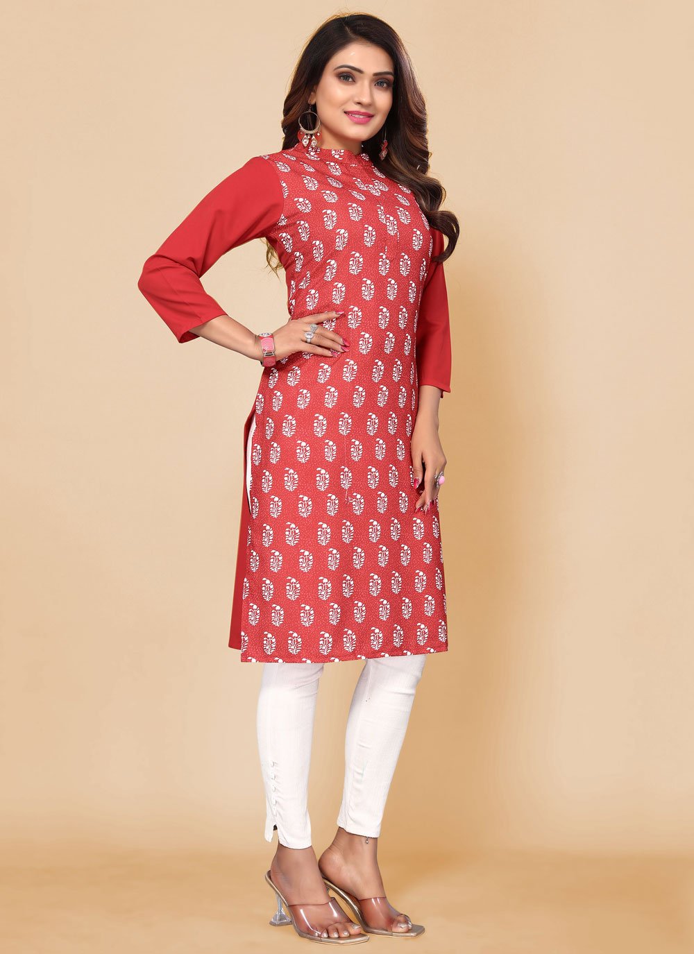 Party Wear Kurti Faux Crepe Red Print Kurtis