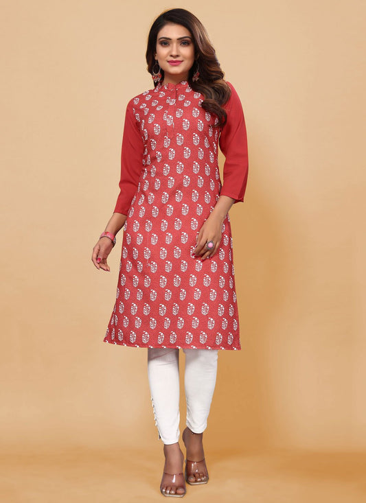 Party Wear Kurti Faux Crepe Red Print Kurtis