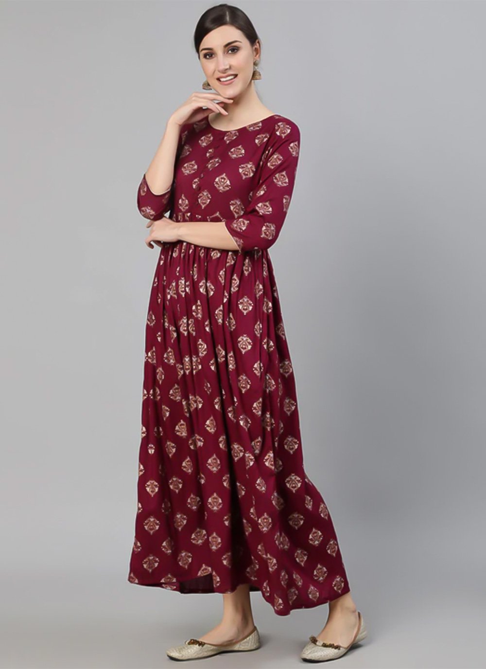 Party Wear Kurti Rayon Viscose Maroon Print Kurtis