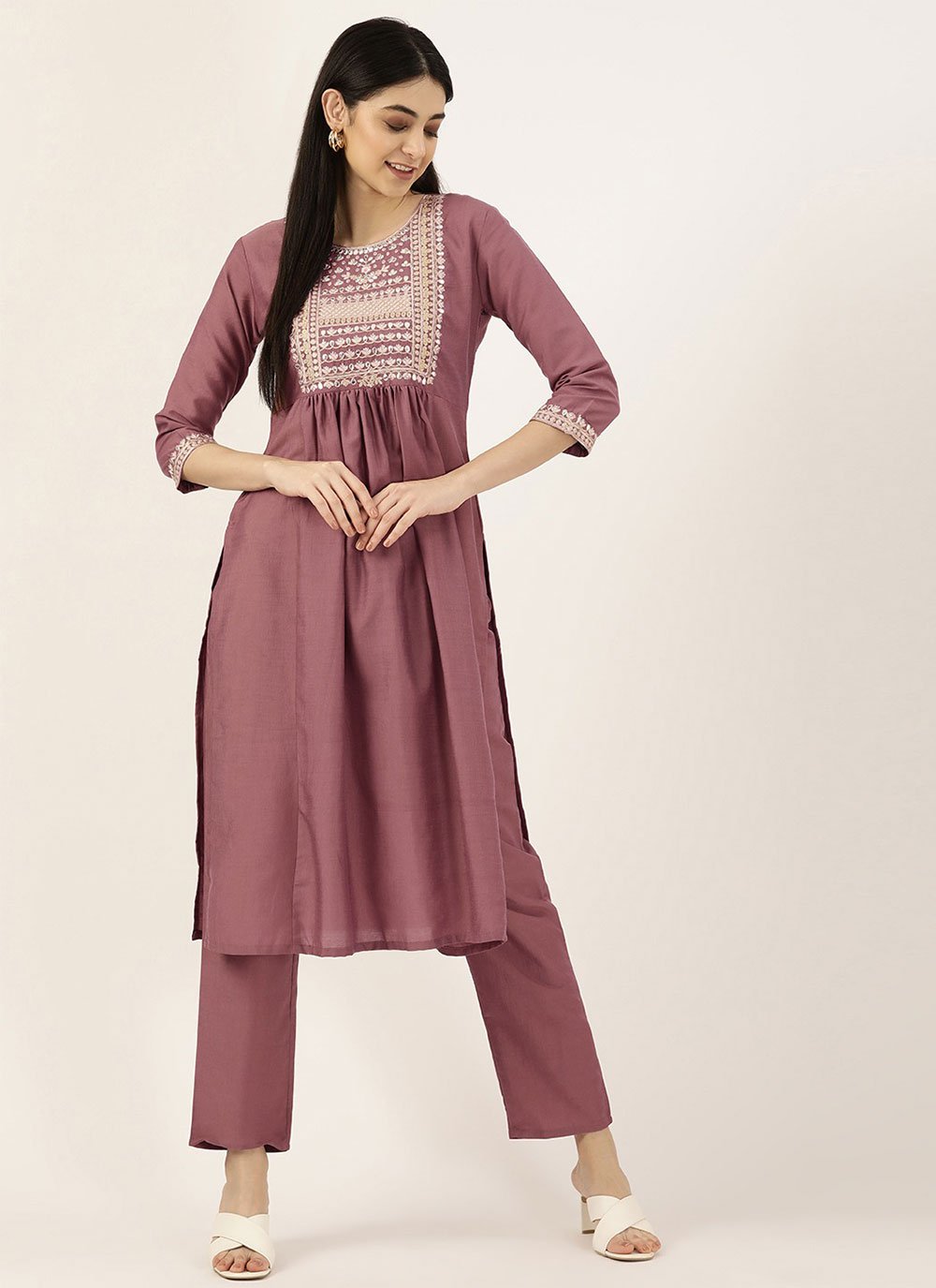 Party Wear Kurti Cotton Polyester Mauve Embroidered Kurtis