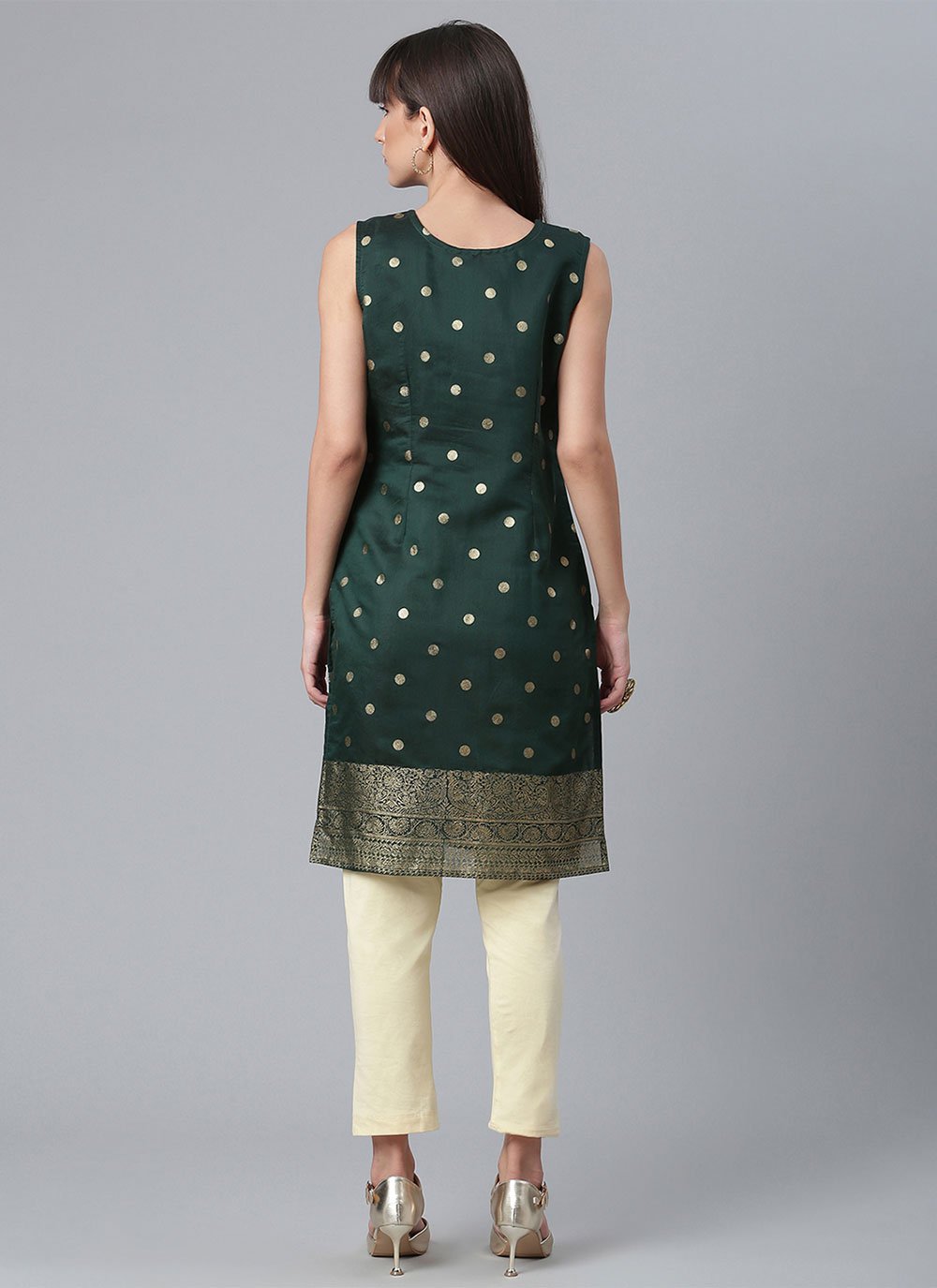 Party Wear Kurti Chanderi Green Print Kurtis