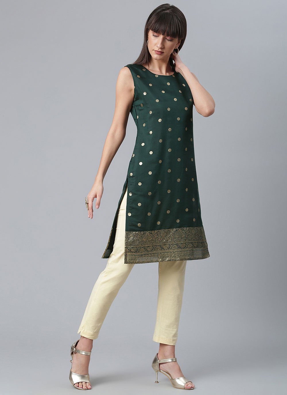 Party Wear Kurti Chanderi Green Print Kurtis