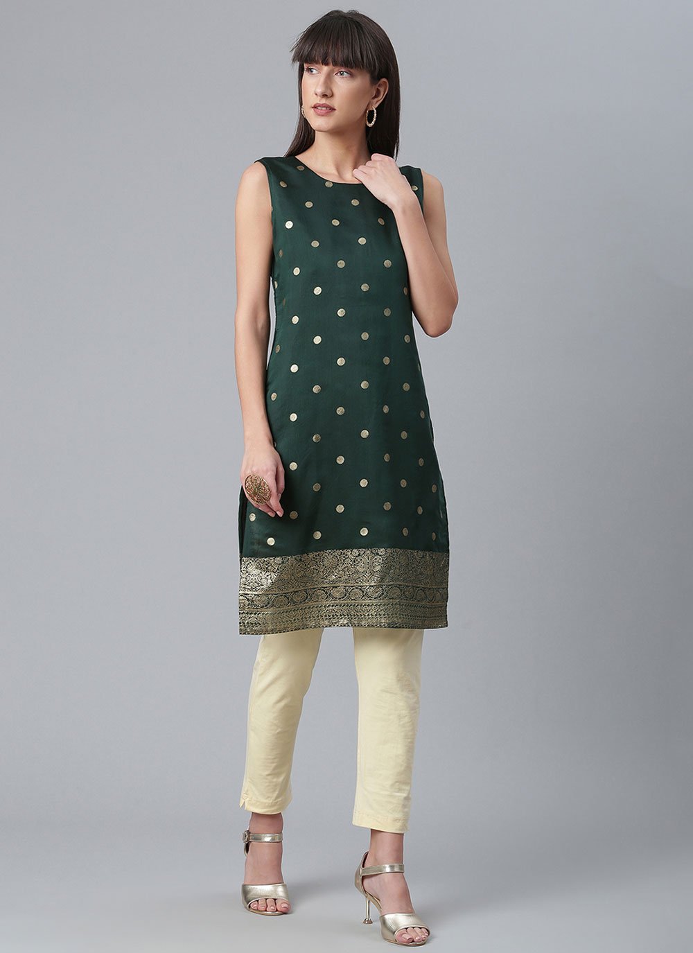 Party Wear Kurti Chanderi Green Print Kurtis