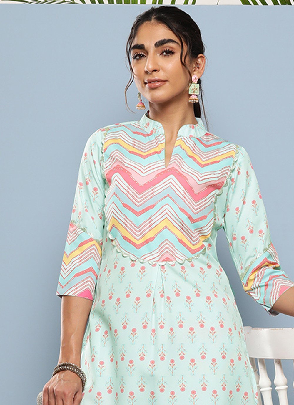 Party Wear Kurti Crepe Silk Aqua Blue Print Kurtis