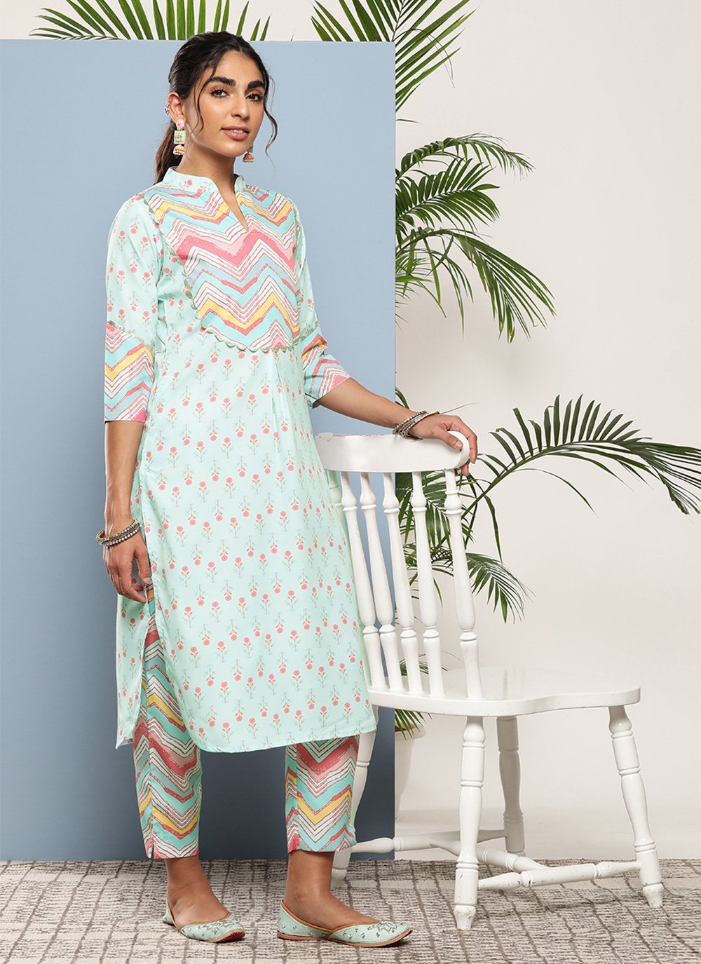 Party Wear Kurti Crepe Silk Aqua Blue Print Kurtis