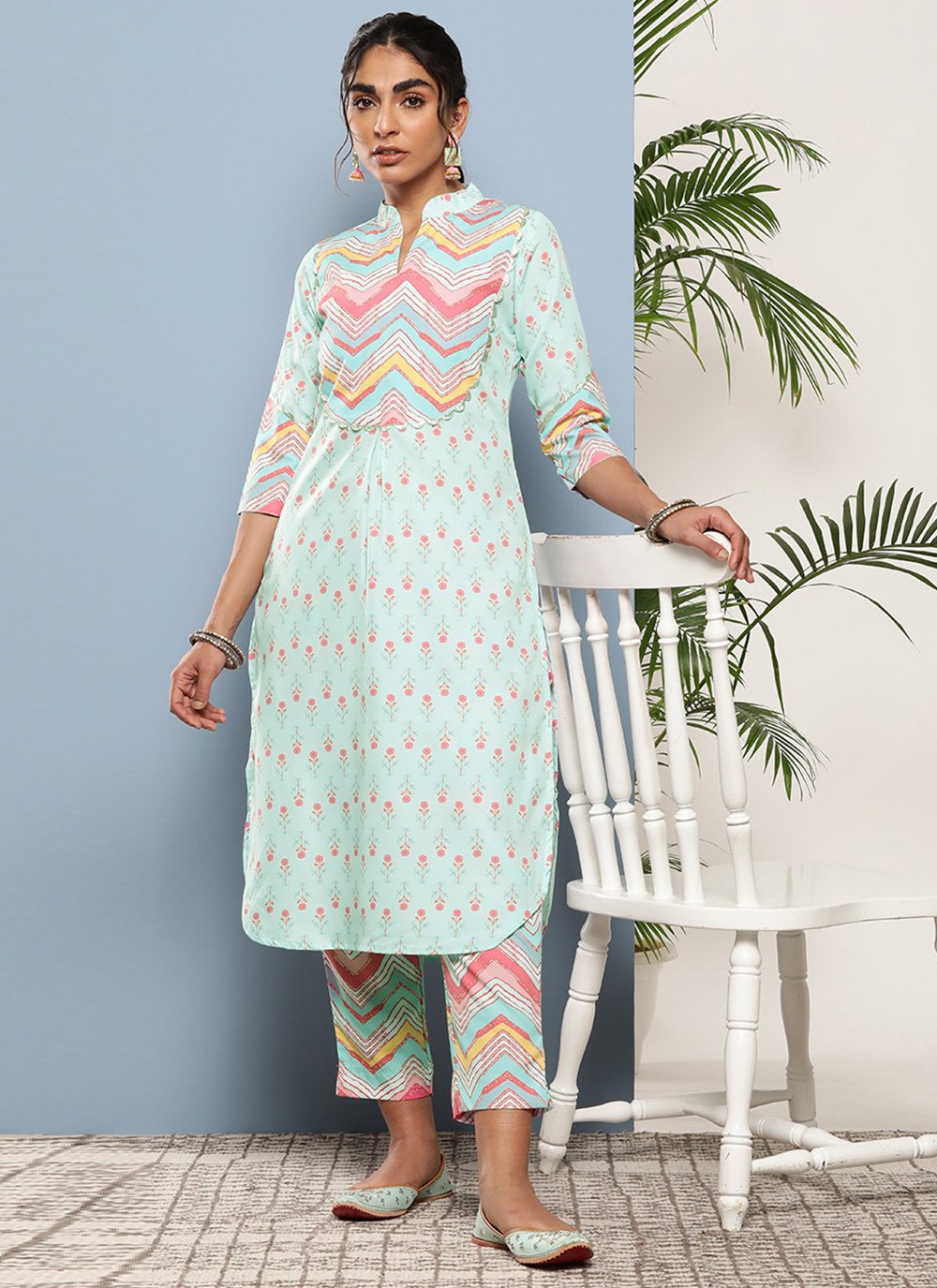 Party Wear Kurti Crepe Silk Aqua Blue Print Kurtis