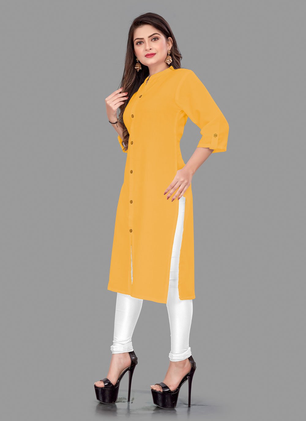 Party Wear Kurti Cotton Mustard Plain Kurtis