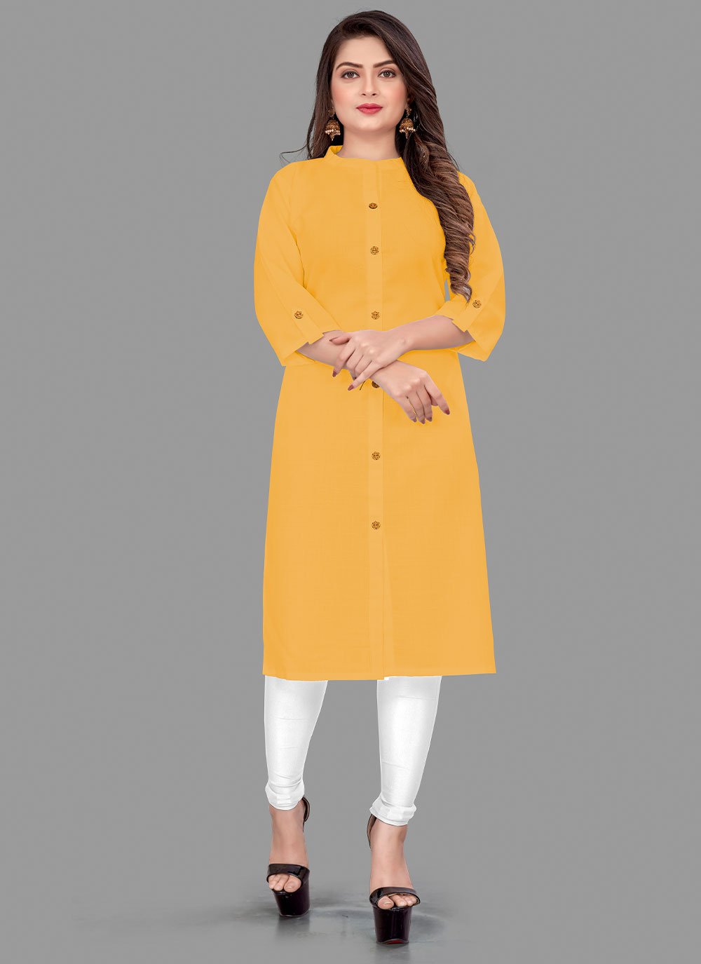 Party Wear Kurti Cotton Mustard Plain Kurtis