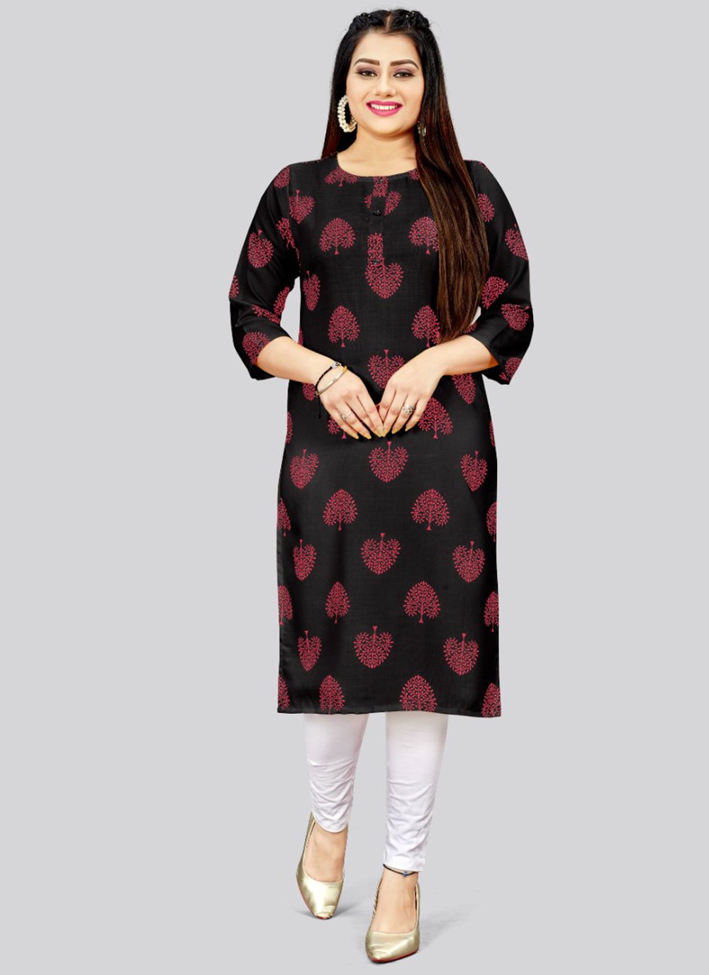 Party Wear Kurti Cotton Black Print Kurtis