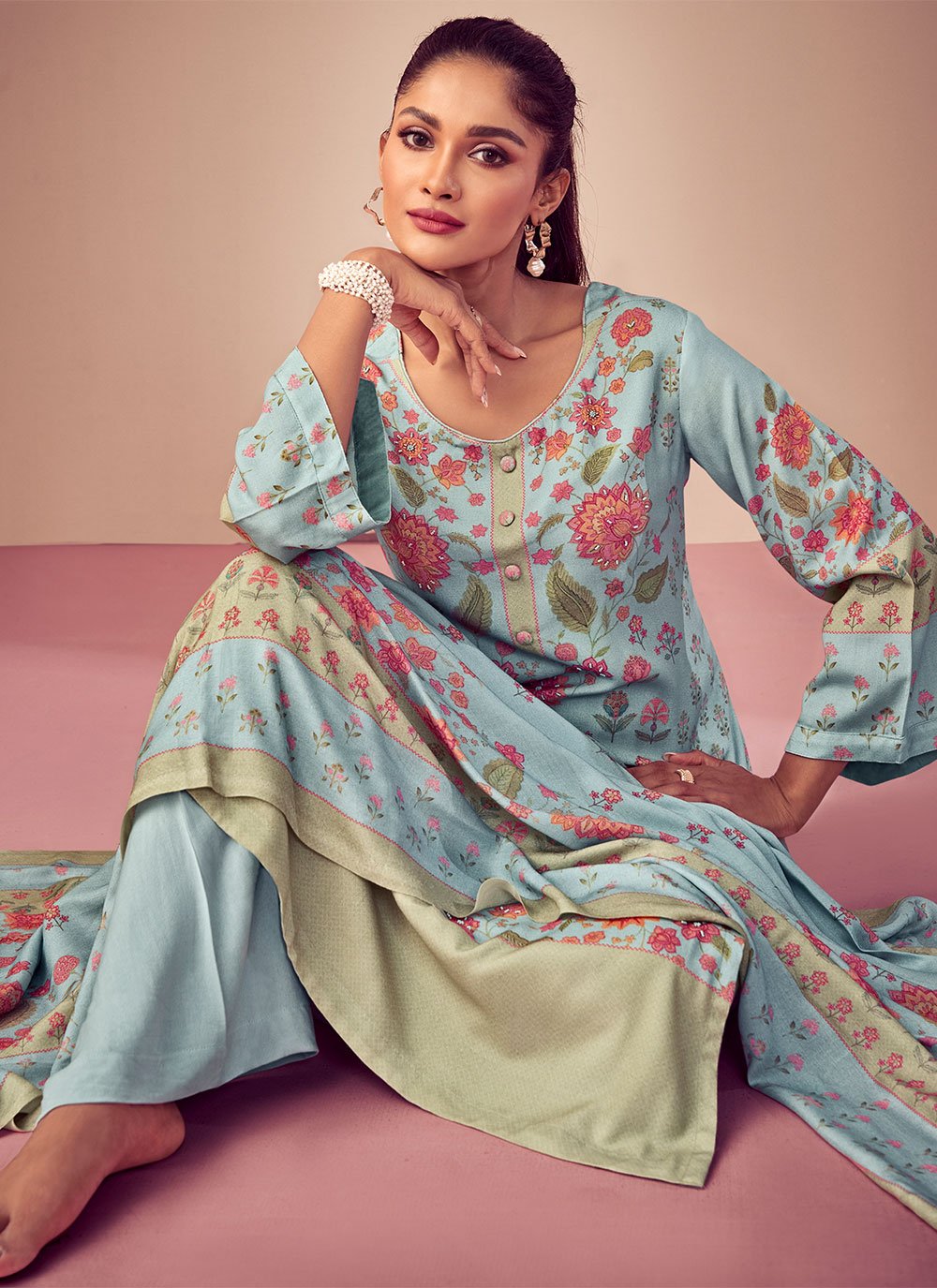 Salwar Suit Pashmina Aqua Blue Digital Print Salwar Kameez