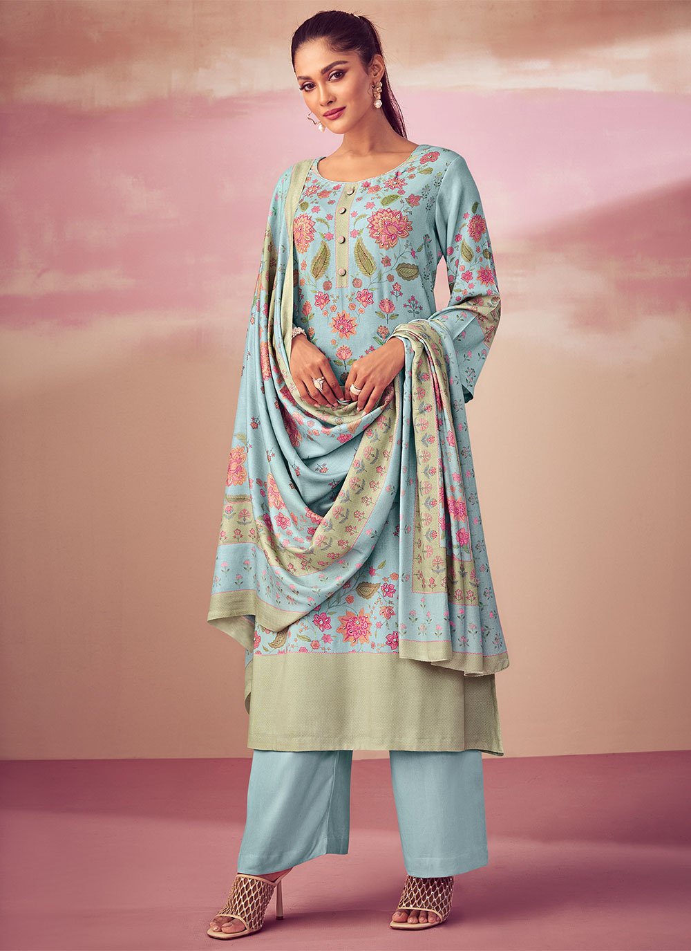 Salwar Suit Pashmina Aqua Blue Digital Print Salwar Kameez