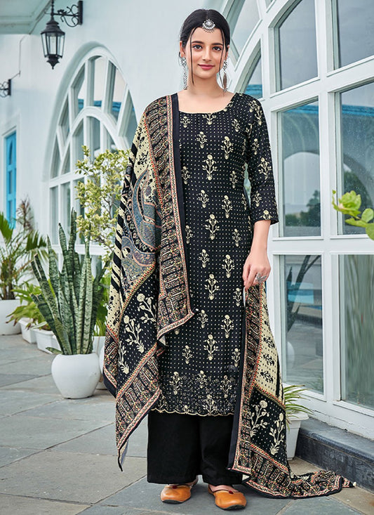 Floor Lenght Salwar Suit Pashmina Black Digital Print Salwar Kameez