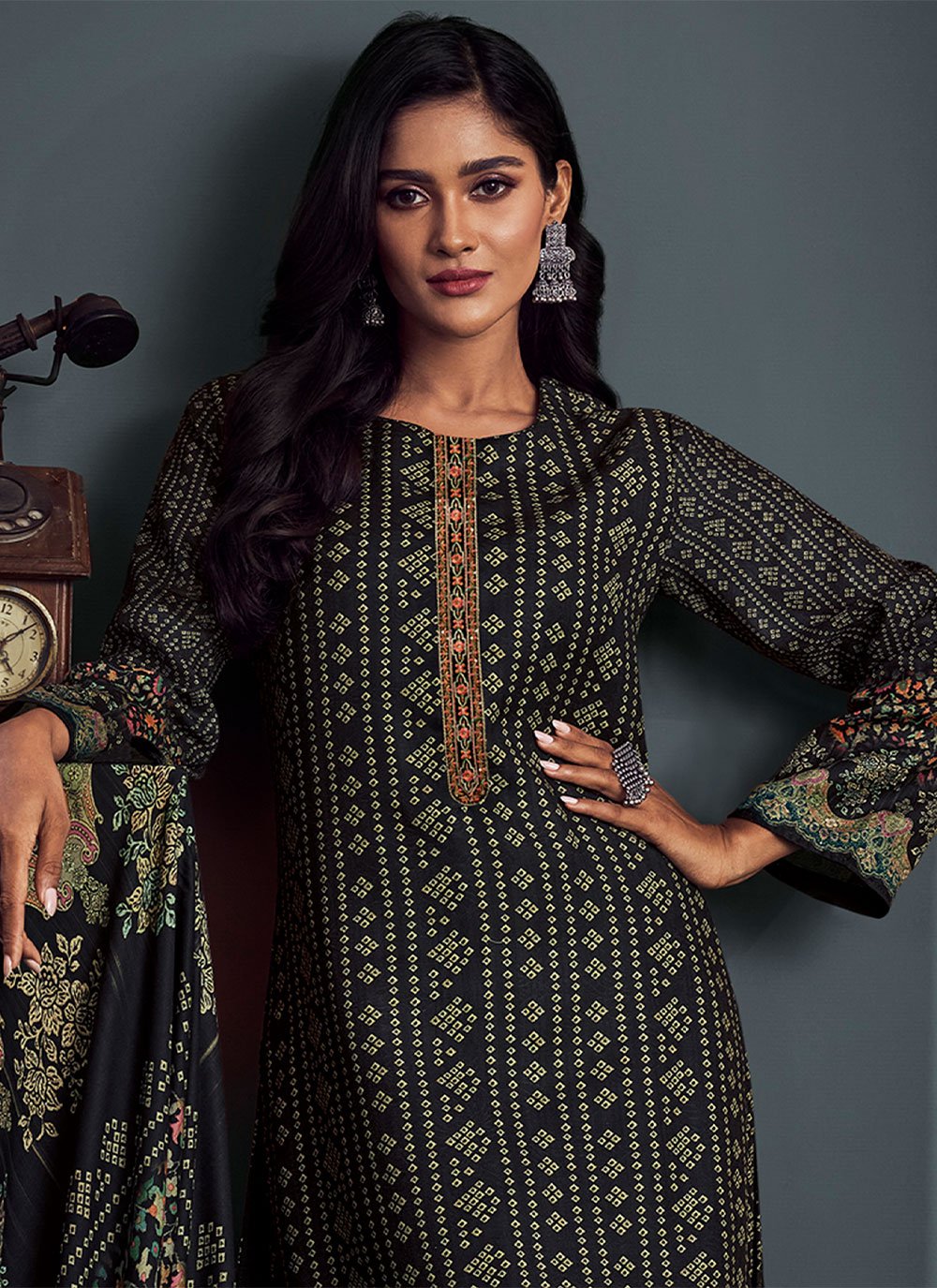 Palazzo Salwar Suit Pashmina Black Digital Print Salwar Kameez