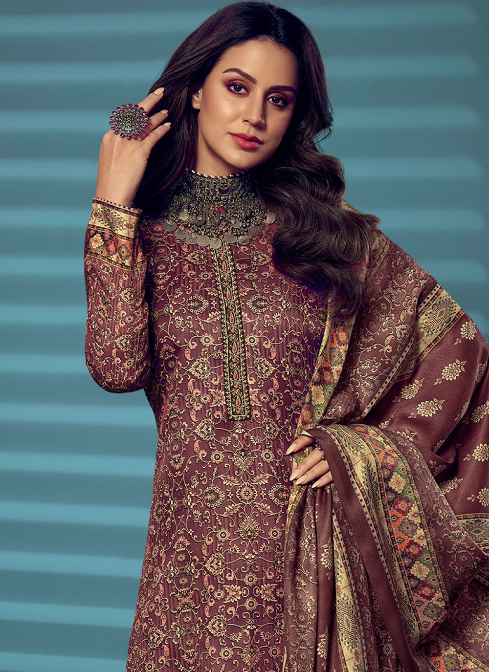 Palazzo Salwar Suit Pashmina Brown Digital Print Salwar Kameez