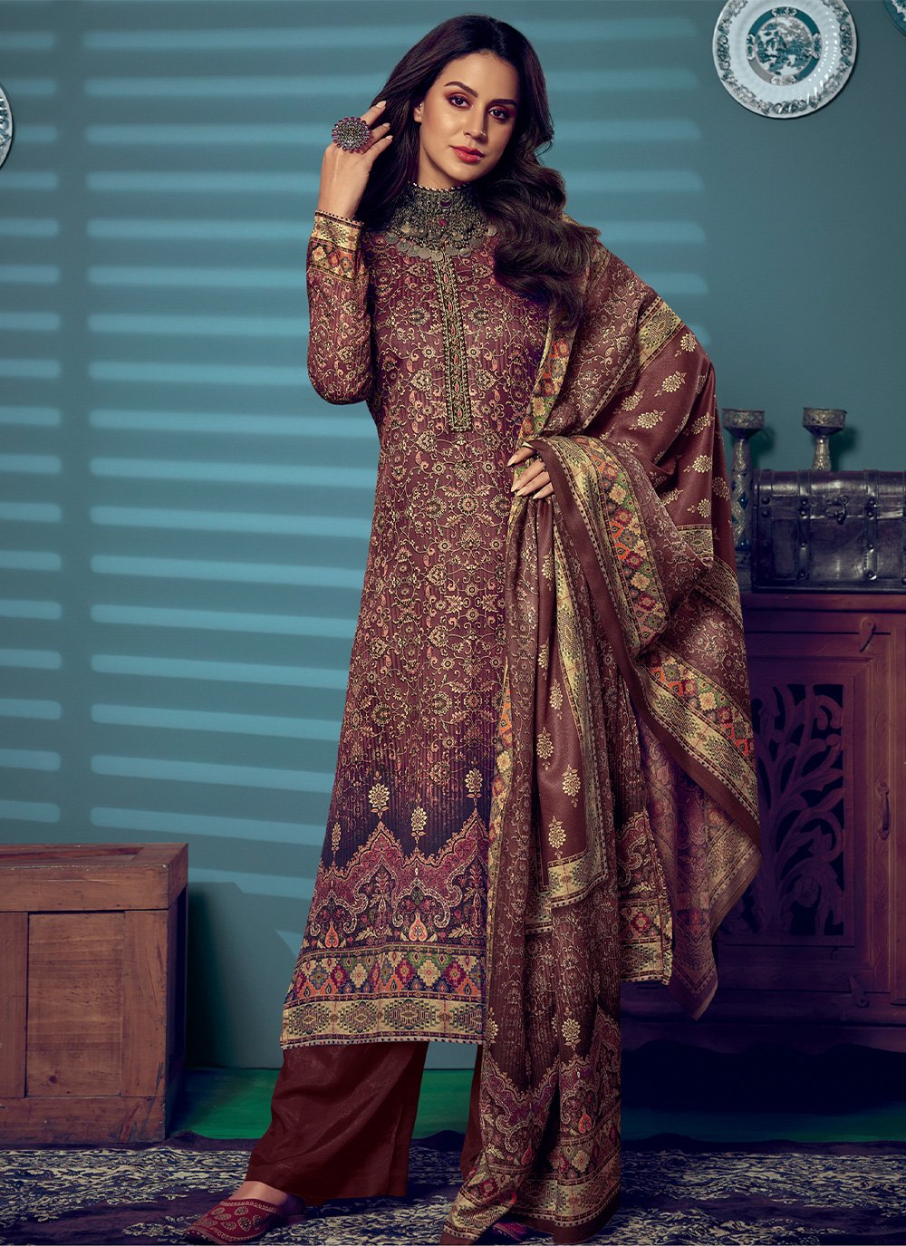 Palazzo Salwar Suit Pashmina Brown Digital Print Salwar Kameez