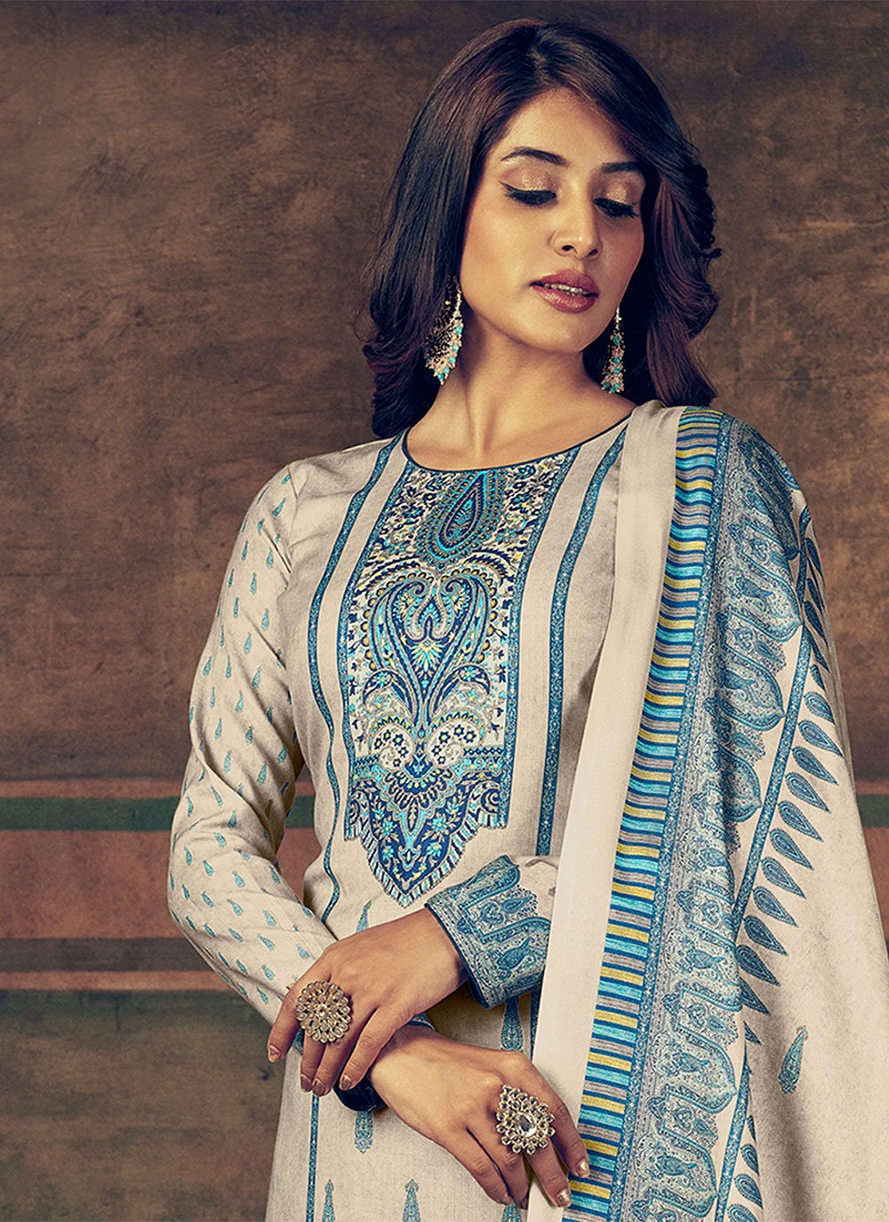 Straight Salwar Suit Pashmina Blue Digital Print Salwar Kameez