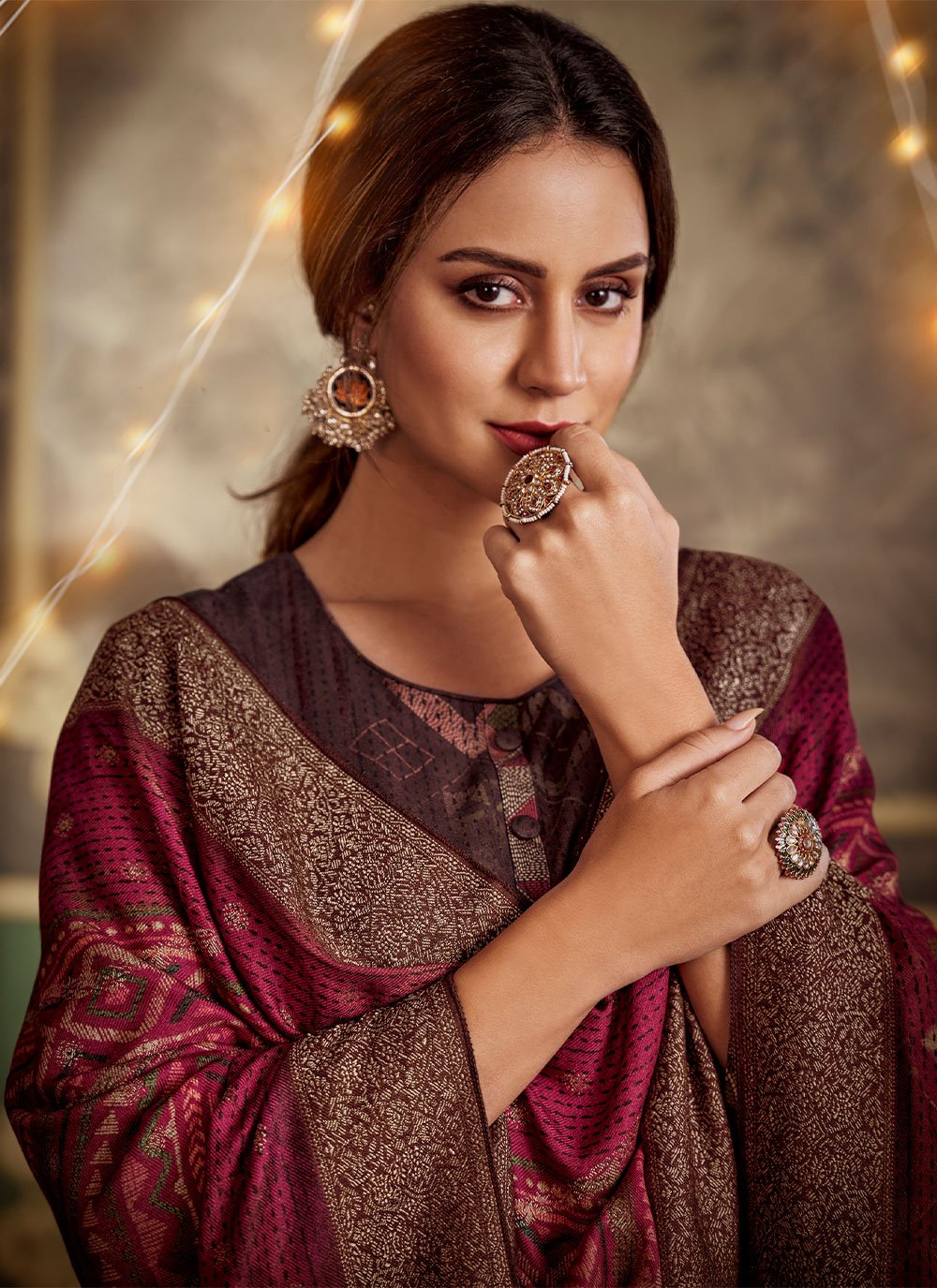 Salwar Suit Pashmina Brown Digital Print Salwar Kameez